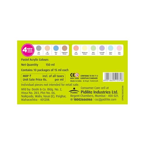 Fevicryl Acrylic Colours Pastel Kit | 10 Colours x 15 ml | DIY Paint, Rich Pigment | Multicolour & Multi-surface | Non-Cracking Paint for Canvas, Wood, Leather, Earthenware, Metal