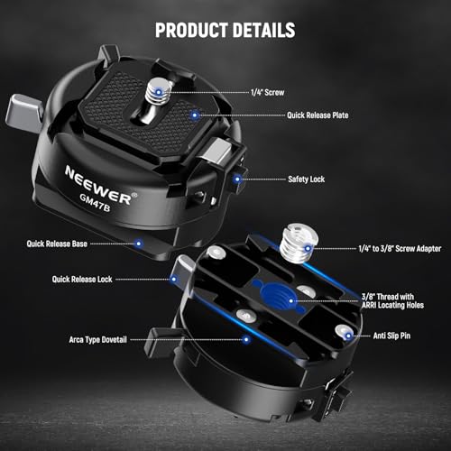 NEEWER GM47B Kit Placa Liberación Rápida, Anti Giro Auto Bloqueo Cuadrado QR Adaptador Trípode & Clamp Base Compatible con Arca Swiss dji Ronin RS 4 Pro RS 3 RS 2 Peak Design Capture V3 Camera Clip - imagen 3