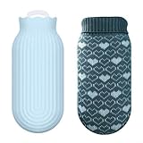 Wärmflasche aus Silikon, auslaufsicherer Schraubverschluss mit rutschfestem Design, mikrowellen- und kühlschrankgeeignet, inklusive Strickbezug, 550 ml Fassungsvermögen, Blau