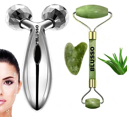 BLUSSO 3D Manual Roller Face Body Massager 360 Rotate With Anti Aging 100% Natural Jade Roller and Gua Sha Stone set Facial Tool For Women Women Skin care 3 in 1 Massage Tool Kit for Facial and Body