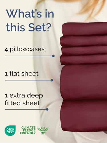 Image of Extra Deep Cal King Sheet Set - 6 Piece Breathable & Cooling - Burgundy | Hotel Luxury Bed Sheets Set, Easy & Secure Fit, Ultra-Soft, Wrinkle & Fade Free, Comfy Sheets Set with Extra Deep Pockets