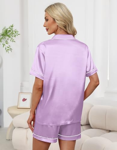 Image of Schbbbta Women Pajamas Set, 2 Pieces Satin Silk Button Down Pjs Short Sleeve Outfits Loungewear