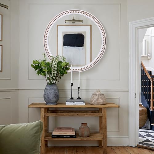Image of 24 Inch Round Wall Mirror, Rustic Farmhouse Wooden Mirrors for Bathroom | Over Sink Accent, Circle Decorative Look, Ideal for Entryway, Living Room, Bedroom, and Hallway Styling