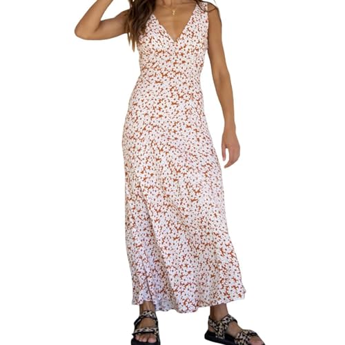 Image of Women Midi Dress Bohemian V Neck Long Dress Sleeveless Floral Print Maxi Dress, Women Y2k Floral Deep V Neck Maxi Dress