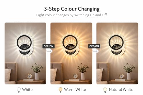 Image of FILLISKA Luxurious Acrylic Crystal Wall Lamp with Adjustable Colour Changing Function, Elegant Finish (Black Round Crystal-702)(1 Year Warranty)