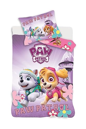 Paw Patrol Paw Patrol Bettwäsche für Babybett, 100 % Baumwolle, Bettbezug 100 x 135 cm + Kissenbezug 40 x 60 cm, mit Stella und Everest