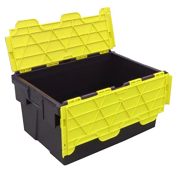 Pack of 5 - Plastic 55 Litre Heavy Duty Storage Box Tote Crates (60 x 40 x 30.6cm) Plastor Black with Yellow Attached Hinged Lids