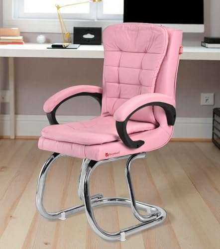 Image of GOYALSON Leatherette Double Cushion Office Guest Chair Sleek, Comfortable Seating for Visitors in Lobby, Reception (1, Pink, Double Pipe Chrome Steel Frame)