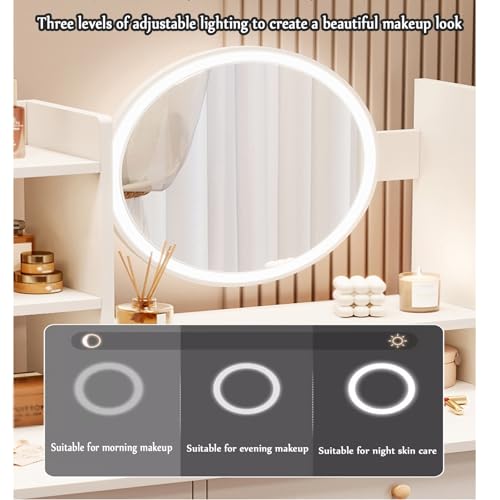 Tocador 3 en 1 con espejo abatible y taburete con ruedas mesa de maquillaje con luces LED 5
