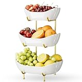 Josmimic 3 Tier Ceramic Fruit Bowl with Metal Stand – Tiered Fruit Stand for Kitchen Countertop, Serving Tray for Snacks, Nuts, Cakes, Desserts, Bread, Candy Storage, Gold