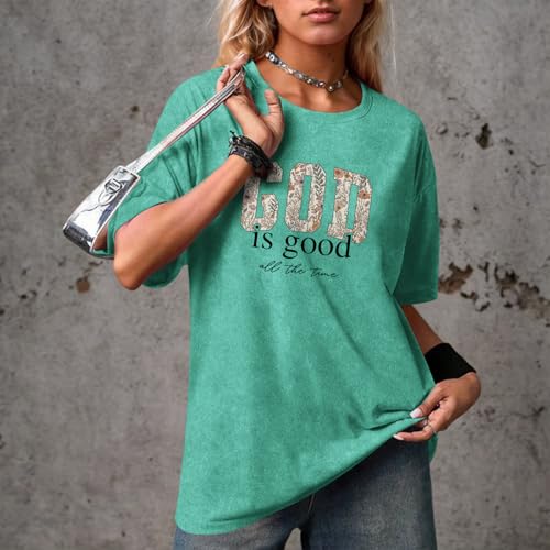 Image of Christian God is Good Shirts for Women Jesus Faith Religious T Shirts Floral Graphic Oversized Acid Washed Tee Tops