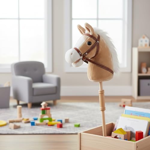 Image of Linzy Toys 35.5 inch Plush Stick Horse - Funny Hobby Horse with Pony Sound, Soft Realistic Mane & Durable Leather Reins, Pretend Play Riding Toy for Boys & Girls Ages 3+ (Light Brown)