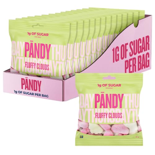 Pändy Fluffy Clouds Gummibärchen ohne Zucker (<1g/Beutel) - 14x50g - Original Schaumzucker - fast zuckerfreie Gummibärchen - low calorie saure Süßigkeiten ohne Zucker - Fruchtgummi Bonbons