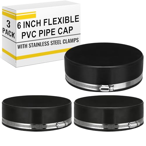 Image of 3 Pack 6 Inch Flexible PVC Pipe Cap with Stainless Steel Clamps - Black Durable End Caps for Drainage, Wastewater & Vent Pipes, Above /below Ground Use