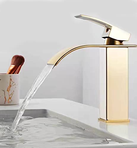 IMIIHO Robinet de lavabo de salle de bain 007 (or chromé), acier inoxydable 304, tuyau inclus, montage sur pont