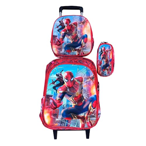 Kit Mochila Infantil Aranha 3D com Rodinhas + Lancheira Térmica + Estojo Escolar Infantil em Alto Relevo