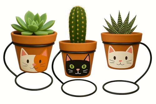 Kit Vasos Artesanais em Barro com Pintura à Mão – Suporte Moderno Incluso