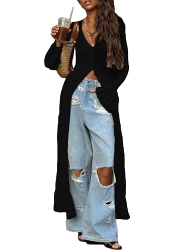 Famnbro Womens Crochet Long Cardigan Long Sleeve Duster Hollow Out Sweater Knit Dress Cover Up Vacation Outfits