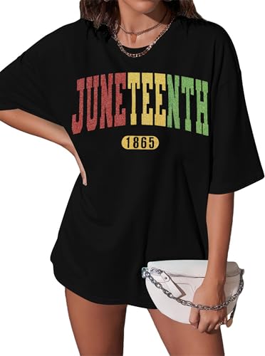 Oversized Juneteenth Shirts Women Black History T Shirt African American Freedom Day Tee Casual Short Sleeve Tops Black, Large