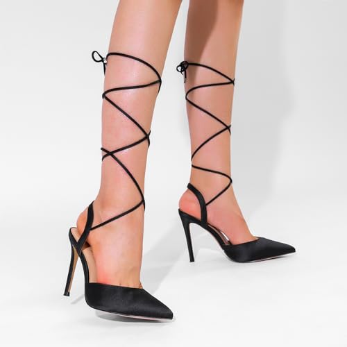 Dream Pairs Women'S Strappy High Stilletos Heels Pointed Toe Sexy Slingback Lace Up Dress Wedding Pumps Shoes,Size 7.5,Black-Satin,Sdpu2436W thumb #4