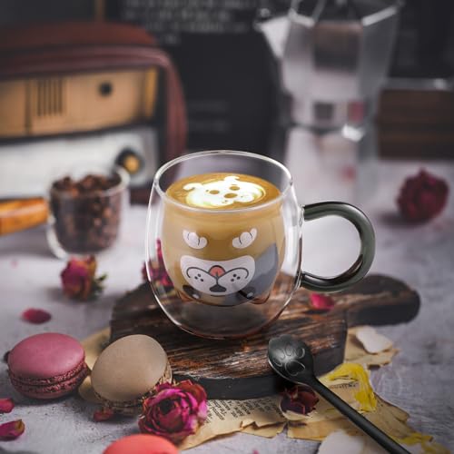 ecooe Hund Tasse Doppelwandige Gläser 280ml Latte Macchiato Gläser mit Löffel Kaffeetasse Doppelwandig Süße Tasse Hund Kaffeeglas Teegläser Geburtstag Valentinstag Geschenke für Frauen Männer Kinder