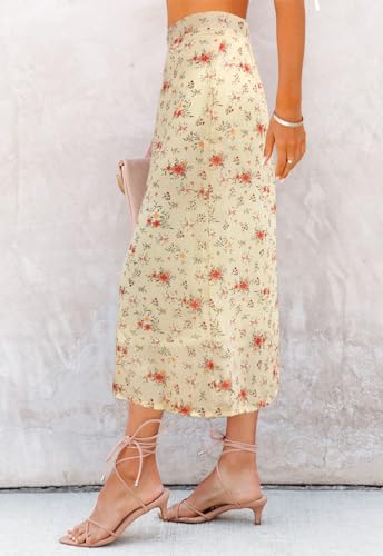 Image of HERBATOMIA Women's Floral Print Midi Skirt Casual High Elastic Waist Zipper Vintage Long Boho Skirts for Women