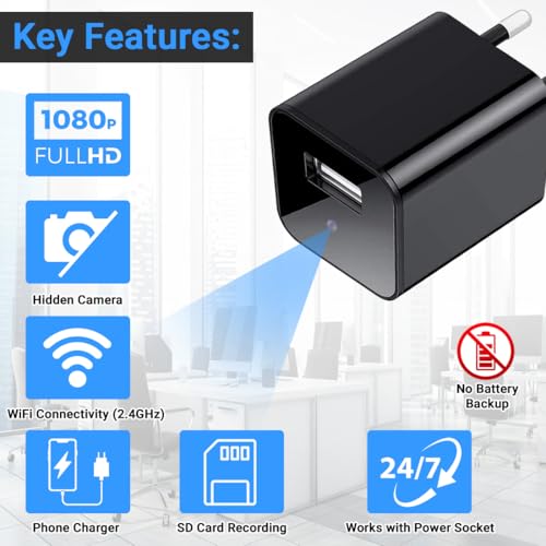 Image of Eye4Spy 1080P Wi-Fi Mini Camera - USB Charger Camera with App Control & Live View, SD Card Storage - Supports Up to 256GB Card - Home & Office Security Surveillance Camera