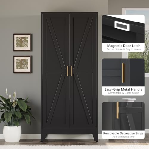 Image of Bevivog 71 inch Kitchen Pantry Cabinet, Metal Storage Cabinet with 2 Doors and 4 Adjustable Shelves, Farmhouse Black Metal Pantry Cabinets Storage for Kitchen, Home Office,Garage, Laundry Room