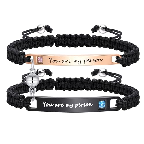 Personalized Custom His and Hers Handmade Rope Braided Nameplate ID Matching Couple Bracelets for Lover (Rosegold plateden-black-YOU ARE MY PERSON-ball)