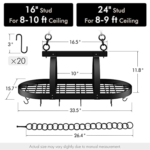 Kes Ceiling Pot Rack 34-Inch Hanging Pot Rack For Kitchen Oval Pot And Pan Rack Matte Black Pot Hanger With 20 S Hooks (For 16" And 24" Stud Mount), Kur221S85-Bk #TOP4