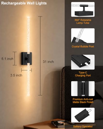 Image of Crystal Bubble Battery Operated Wall Sconces Set of 2: 10000mAh Rechargeable Wall Lights with Remote, 360 Rotate 4CCT Modern Wireless Wall Lighting for Hallway Bathroom Bedroom Living Room Mirror