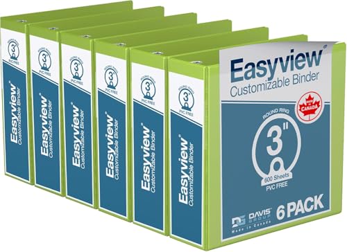 Image of Easyview 3-Ring Binder, Clear-View Cover, 3 inch Round Rings, Lime Green, 6 Pk