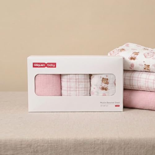 Image of Gllquen Baby 3-Pack Muslin Cotton Bassinet Sheets, 33 inchx20 inch Bedside Sleeper