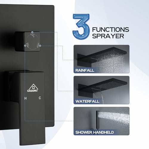 CASAINC Ducha de 22 pulgadas con cobertura grande, tipo cascada y lluvia, sistema de ducha de pared acabado negro mate miniatura 4