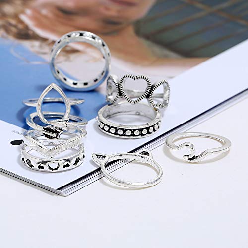 Beryuan Women Rings Size 6 7 8 9 10 Vintage Silver Rings Set Cute Wave Teardrop Love Knuckle Rings Gift For Her Lovely Ring Set For Women And Girls Teens(9Pcs ) #TOP2