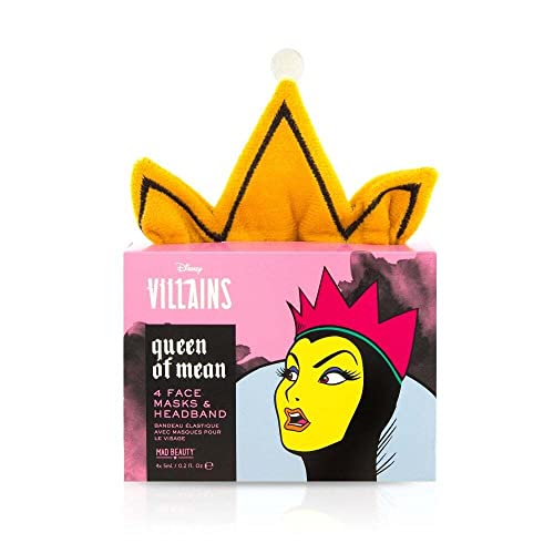 MAD BEAUTY Disney Villains Queen of Mean Headband & 4 Face Masks Set, Achieve Revitalized Skin & Keep Stray Hairs Away