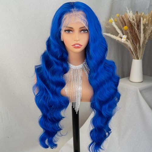 MISS FANCY Royal Blue 13x6 Transparent Lace Front Wig, 32 Inch Body Wave Glueless Synthetic Wig for Black Women