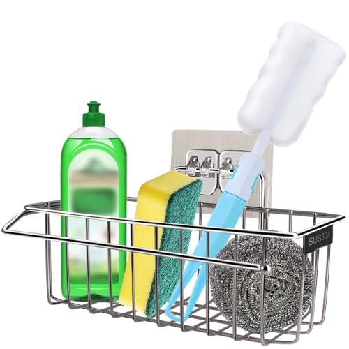 HONZUEN Auto-adhésif Porte-éponge Panier de Rangement, Porte éponge de Cuisine en Acier Inoxydable 304 Aucun Perçage Requis Organisateur d'évier, pour...