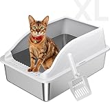 KISENG Stainless Steel Cat Litter Box, Extra Large XL Odor Free Metal Litter Box with High Sides Lid, Open Top Litter Pan Include Scoop Easy Cleaning Kitty Cat Box Anti-Urine Leakage, Non-Sticky