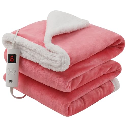 GlamHaus Luxury Electric Heated Throw Large Reversible Fleece Over Blanket for Sofa or Bed 160 x 130cm Heat And Timer Setting Auto Shut Off Digital Controller Machine Washable (Dark Pink)