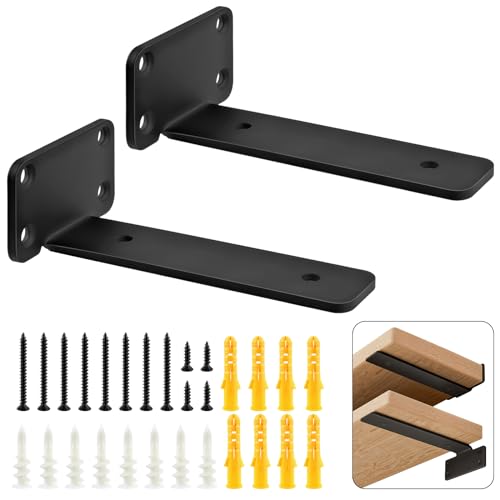 MINISOISO Soporte Estanteria Pared,2 PCS Escuadras para Estanterias Negras Metalicas Invisibles,Soportes Balda Flotante Pared Metalica para Estudio, Cocina, Oficina y Dormitorio (Negro, 15 cm/6in)