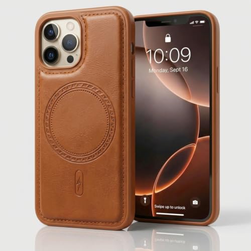 Image of amazon basics Premium PU Leather Case for iPhone 12 Pro Max, MagSafe Compatible Magnetic Ring, Sleek Protective Back Cover - [Tan]