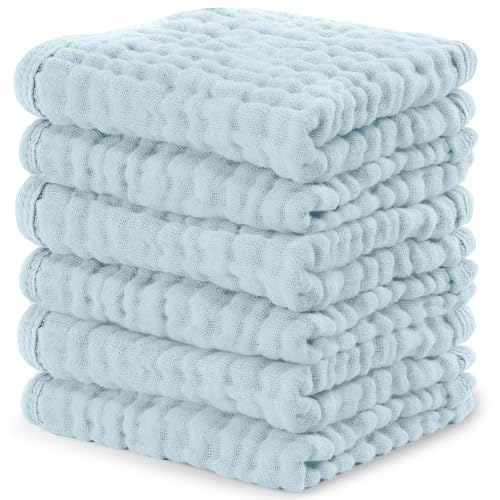 Image of Comfy Cubs Muslin Baby Washcloths 6 Pack - Soft 6-Layer Cotton Wash Cloths for Sensitive Skin - 10"x10" Large, Gentle, Absorbent Infant Essentials for Newborn and Toddlers - Sky Blue