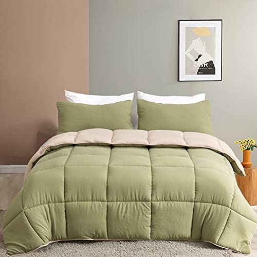 DWR Green Light Brown Reversible Down Alternative Comforter Set King, 3-Piece All Season Eucalyptus Blend Microfiber Comforter with Shams, Ultra-Soft Fluffy Cloud Breathable Quilt Comforter Duvet