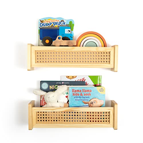 Image of 2 Set of Wall Bookshelf – Nursery Shelves w/ Metal Anchors, Screws, Level, Instructions – Versatile Kids Floating Bookshelf to Organize Books, Toys – Sturdy, PVC Rattan Wooden Shelf