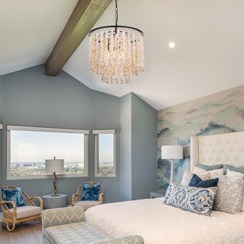 Wellmet Black Natural Capiz Shell Chandelier, 5 Lights Boho Coastal Dining Room Light Fixture, Beach Seashell Ceiling Pendant Lighting for Entryway, Living Room, Bedroom, Kitchen, Foyer, Dia-20in - Image 4