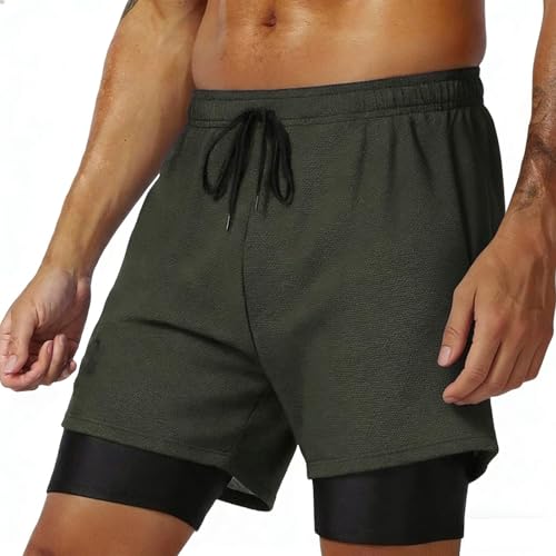 Pantalones cortos de gimnasio para hombre, para correr, atletismo, entrenamiento, 2 en 1, pantalones cortos transpirables de malla de secado rápido con bolsillo para teléfono, deportes, correr