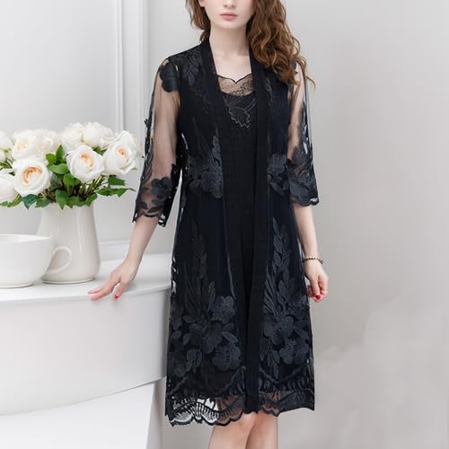 FindThy Women’s Floral Lace Embroidery Cardigan 3/4 Sleeve Sheer Mid-Long Coat Kimono Coverups3