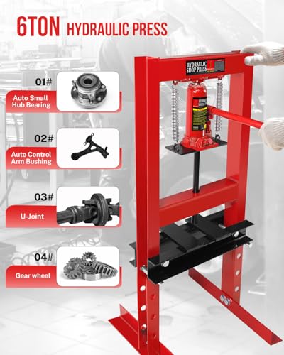 Image of Hydraulic Press,6 Ton H-Frame Garage Floor Adjustable Shop Press with Stamping Plates to Bend, Straighten, Or Press Parts, Install Bearings & U-Joints