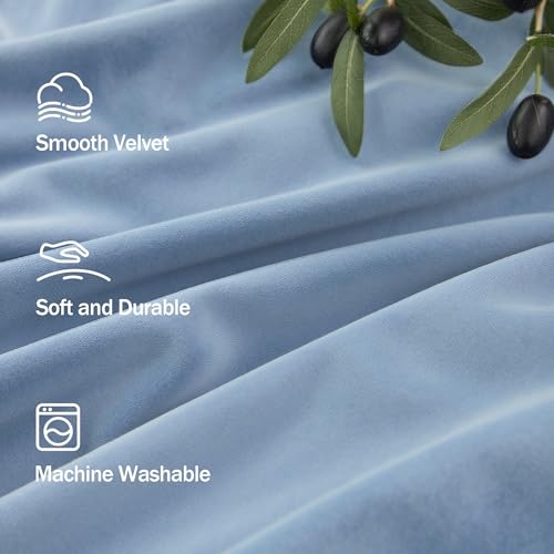 Image of Dusty Blue Velvet Drapes for Baby Boy Bedroom 96 Inches Long 2 Panel Thermal Insulated Light Blocking Floor Length Slate Stone Blue Velvet Curtains for Modern Home Decor Back Tab Pocket Greyish Blue